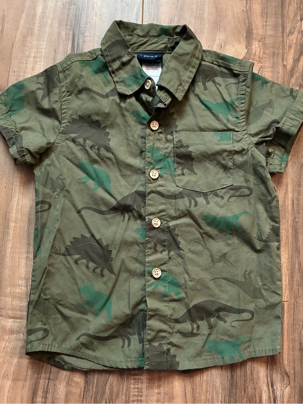 Kids' Olive Green Dino Print Button-Up Shirt